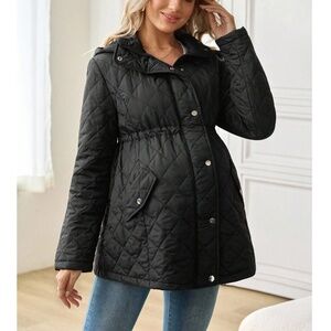 Maternity Black Quilted Pockets Zip up Snap Button Hoodie Jacket Coat